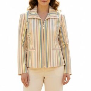 Retro 70s Striped Multicolor Zip Blazer Evan Picone Tan Yellow Orange 12